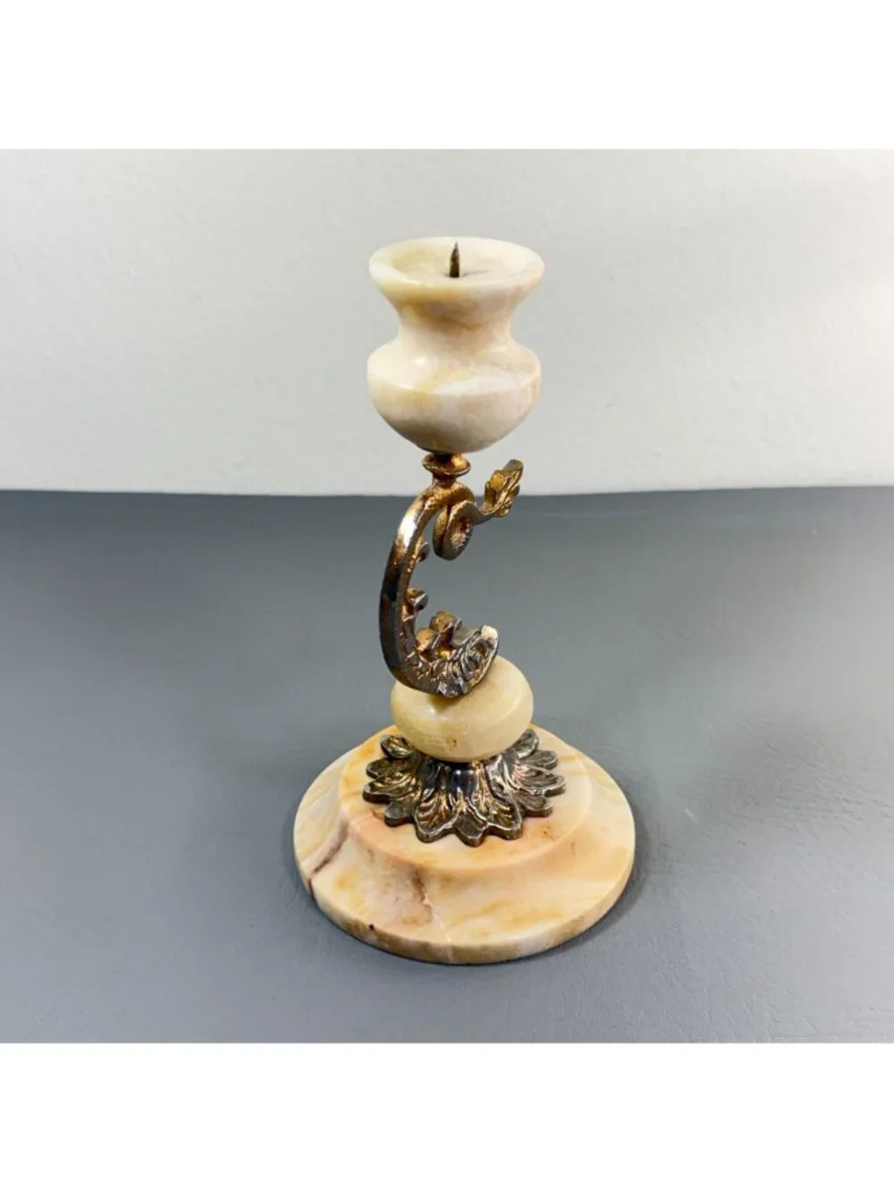 Vintage Onyx Marble Brass Dolphin Candlestick Hollywood Regency Pricket 8